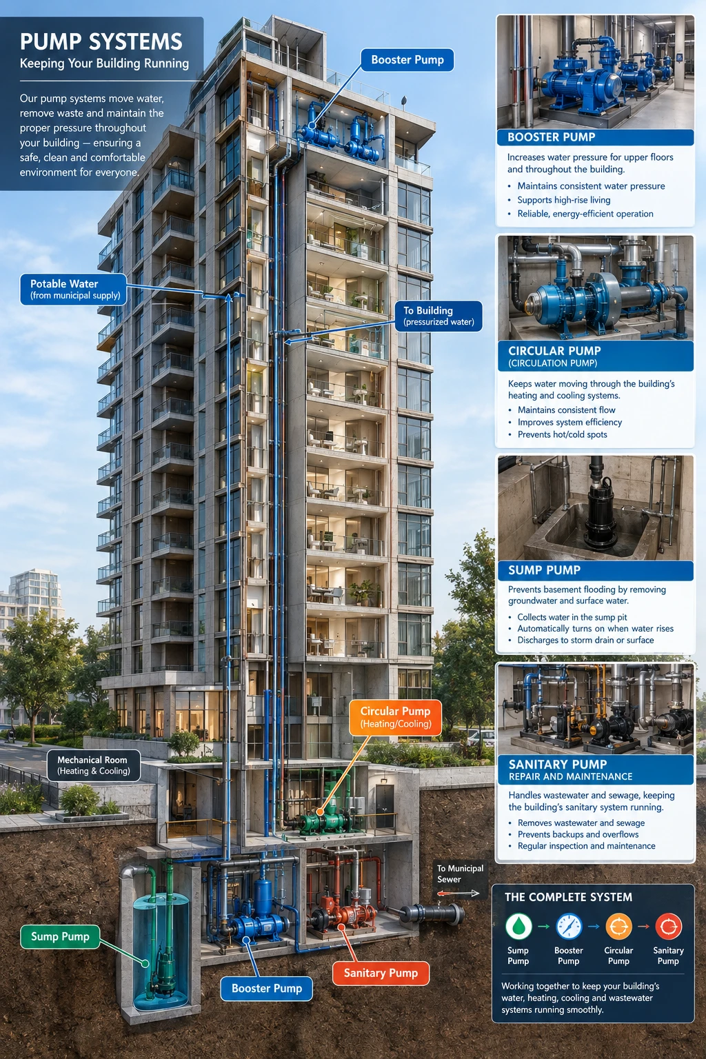 Illustrated cut-away of a high-rise apartment building showing the booster pump, circulation pump, sump pump and sanitary pump, the mechanical room, and how water, heating and wastewater move through the building