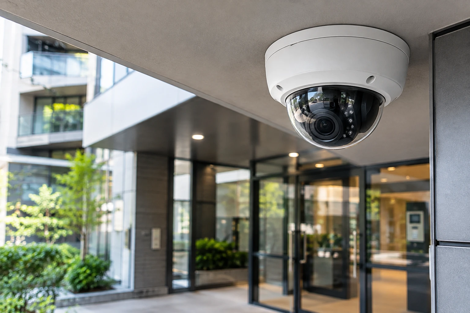 Dome security camera mounted under the canopy at a building entrance