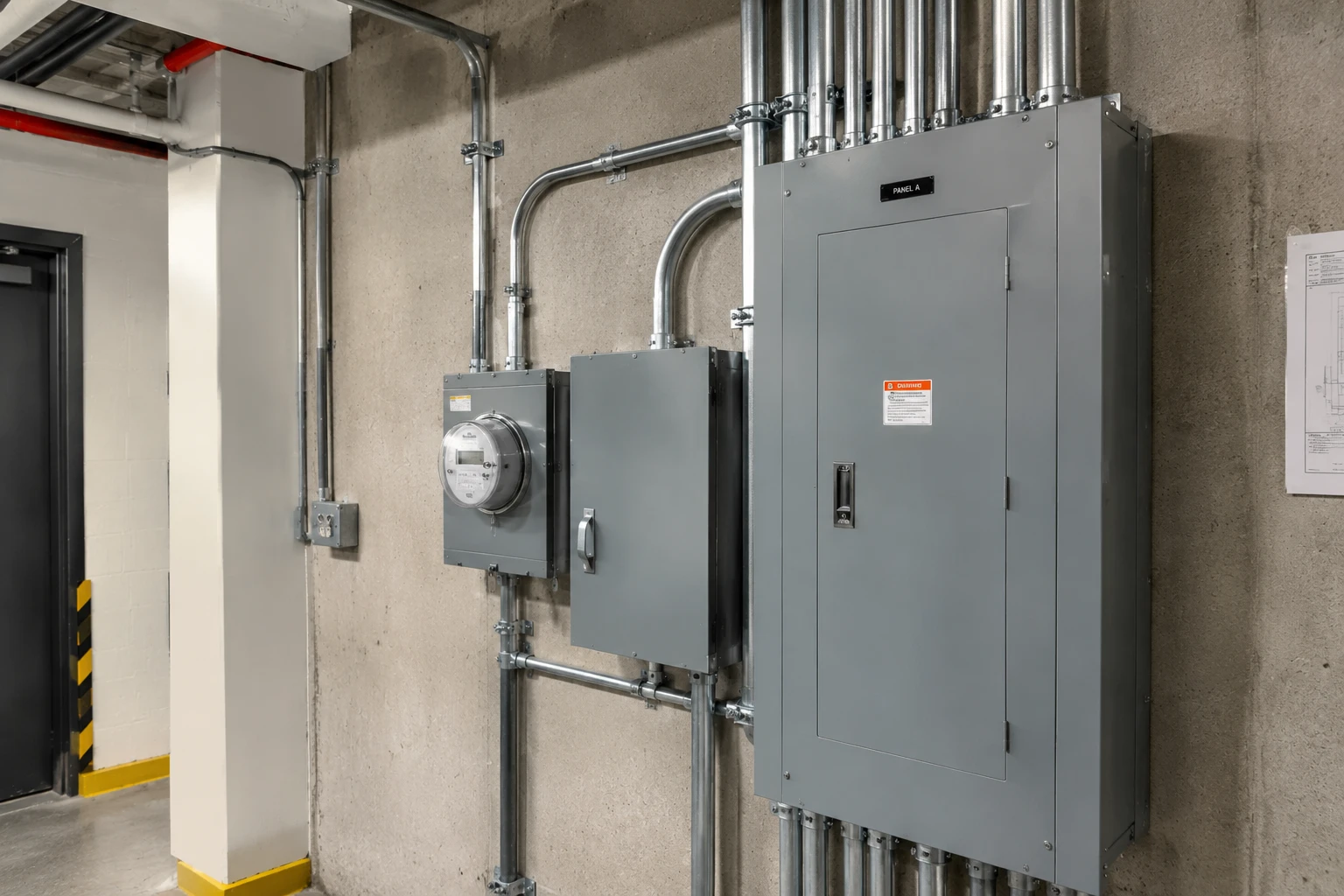 Electricity meter, disconnect switch and a large distribution panel on the wall of a building electrical room