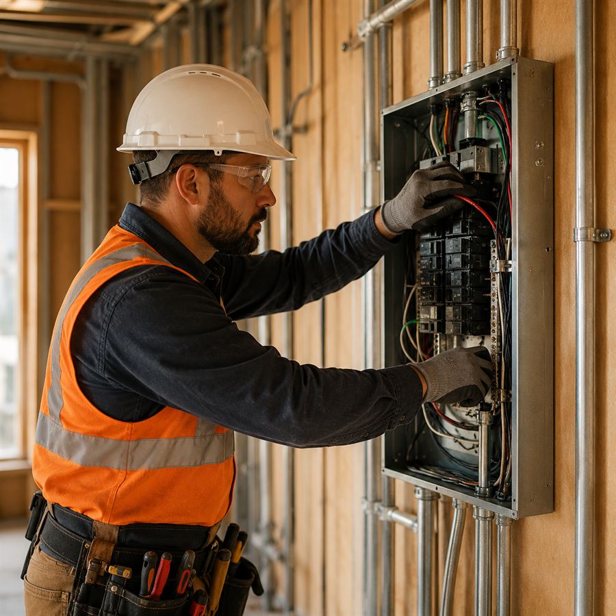 Licensed electrician wiring a new electrical panel