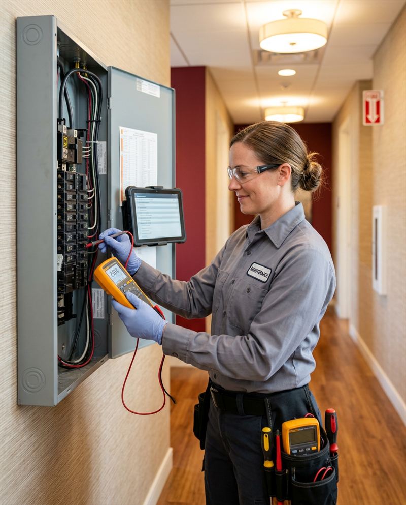 Technician testing an electrical panel in a building corridor during scheduled maintenance