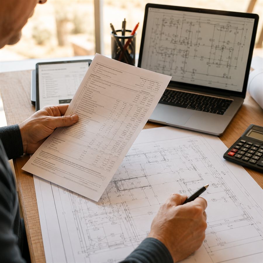 Itemized electrical quote next to building drawings and a laptop