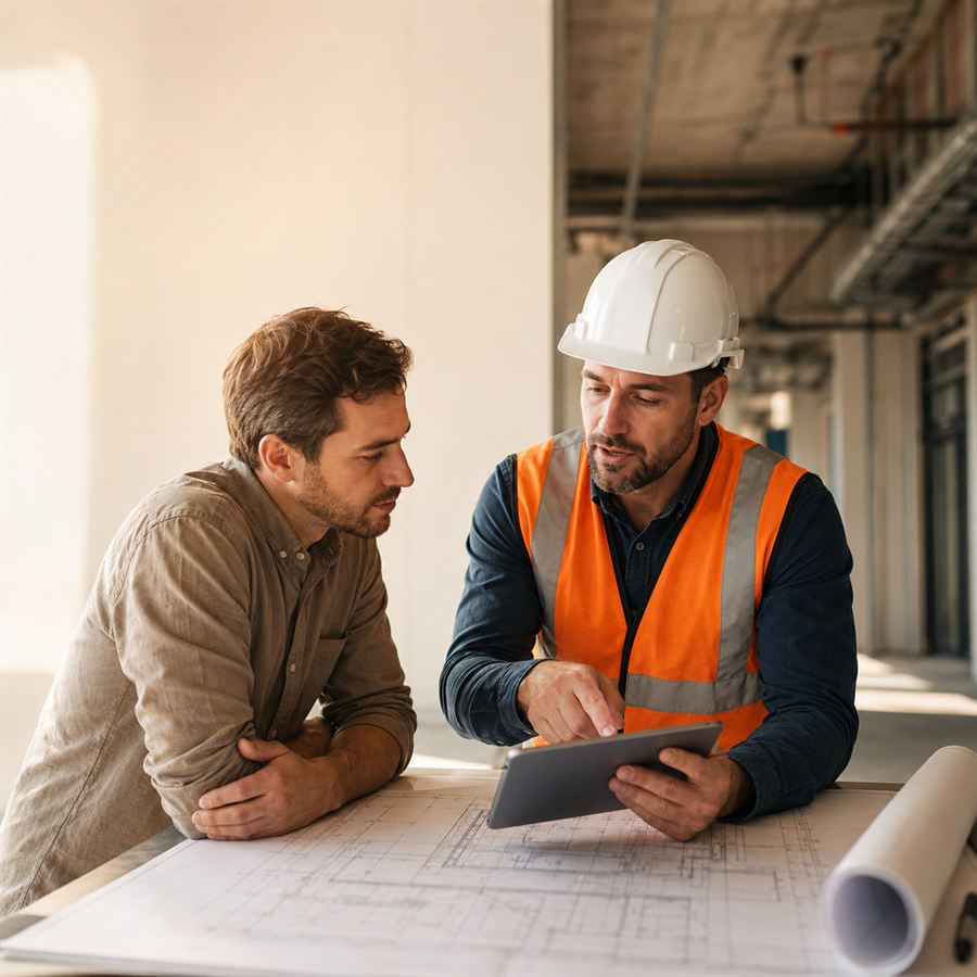 Kaion electrician reviewing drawings on a tablet with a client on site