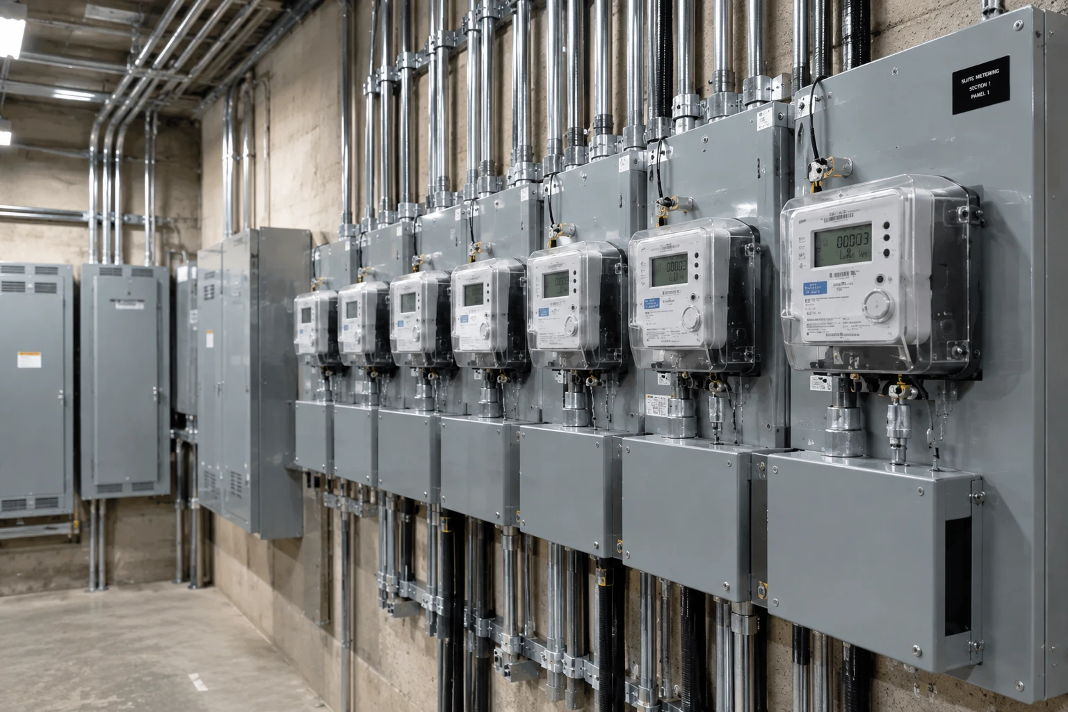 Row of suite electricity meters on a metering panel in a building electrical room