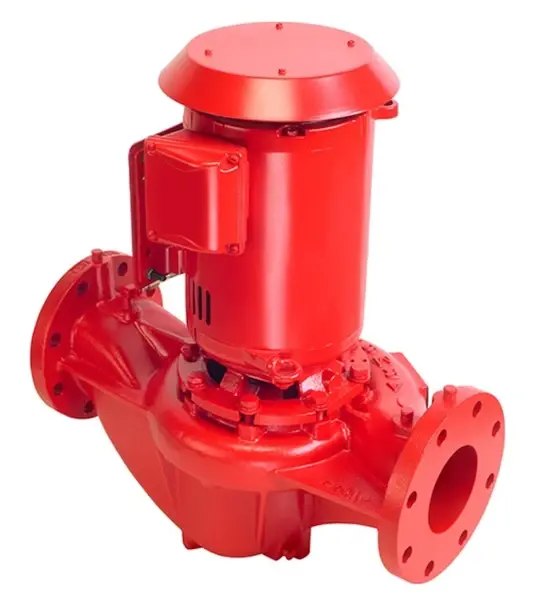 Red vertical in-line circulation pump with its motor mounted on top