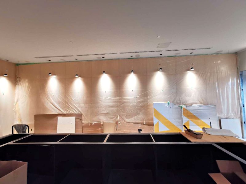 Counter run with pendant spotlights over a protected feature wall
